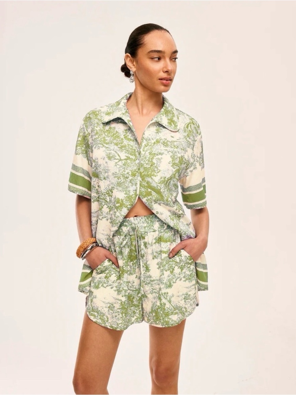 Green & Cream Toil Print Matching Shirt & Shorts Set